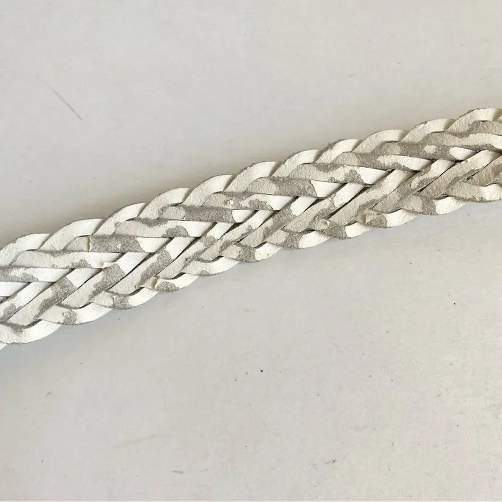 Vintage White Woven Leather Belt Braided Silver Tone Buckle Medium Large 90s Y2K
